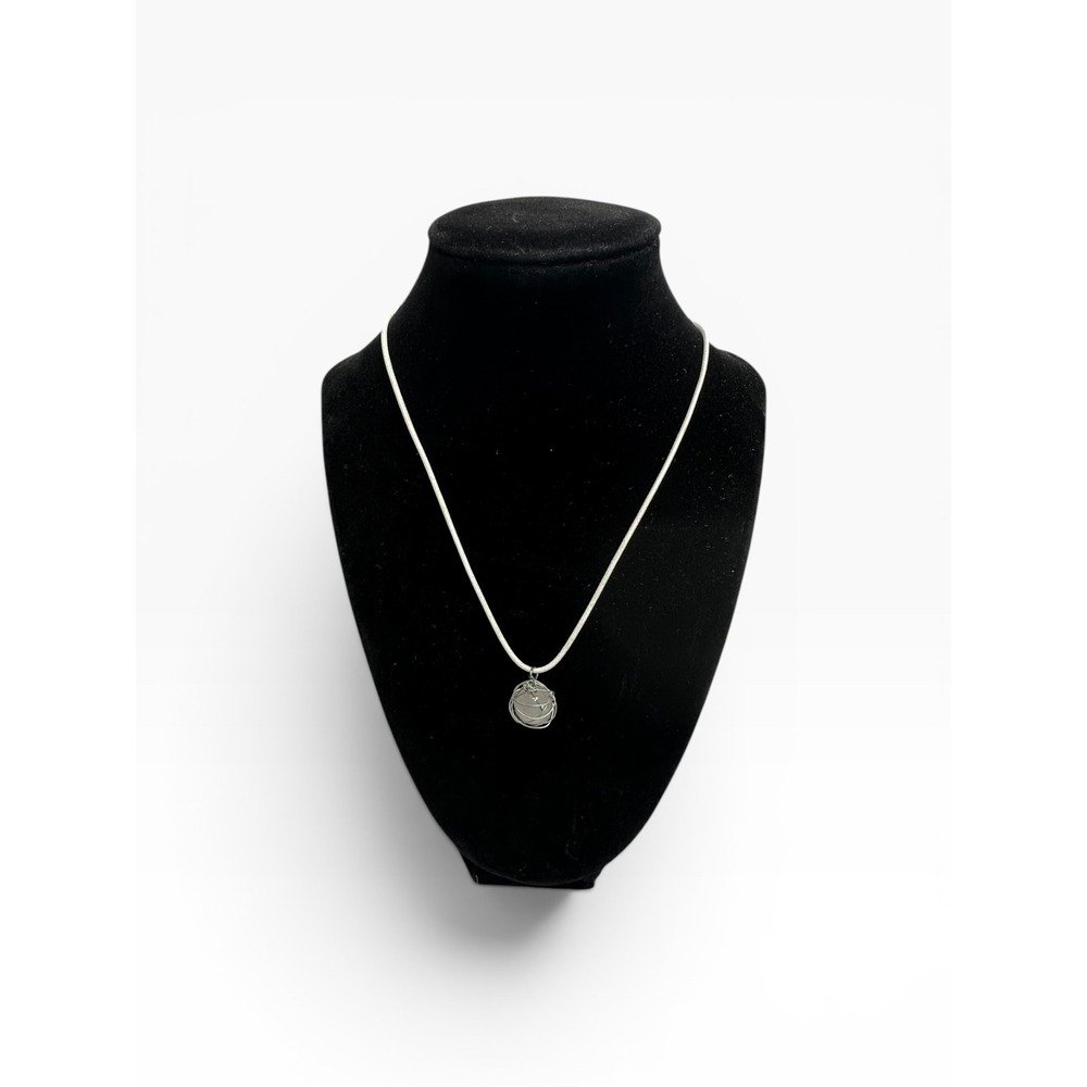 Wire Wrapped Stone Pendant Cord Necklace‎ White Silver Tone Boho Orb